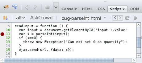 Figure 1: A screenshot of our prototype crowd-enhanced JavaScript debugger. The button ‘AskCrowd’ selects the snippet surrounding the breakpoint (Line 11: red circle). A list of selected answers that closely match the problem are then automatically retrieved from StackOverflow. In this case, the first result is the solution: the prefix has a meaning for parseInt which must be taken into account.